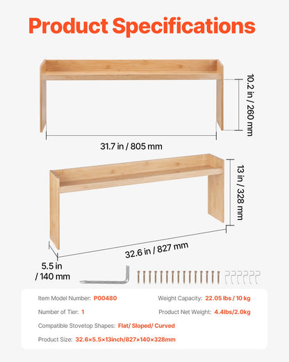 Over the Stove Shelf, Over Stove Spice Shelf for Kitchen Stove Top, Seasoning Shelves, Spice Organizer, Easy to Assemble Countertop Storage Solution, Kitchen Gadgets with 6 Hooks
