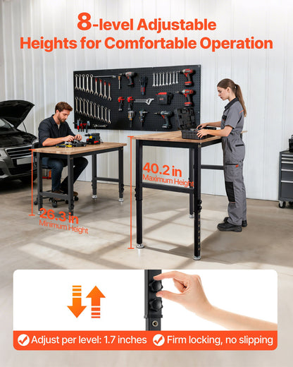 Adjustable Workbench, 1500 lbs Capacity, 48 x 24 Inch Oak Wood Top Workbench with 26.3-40.2 Inch Height Adjustment, Heavy-Duty Hardwood Worktable for Garage, Workshop, Home, Office, Commercial