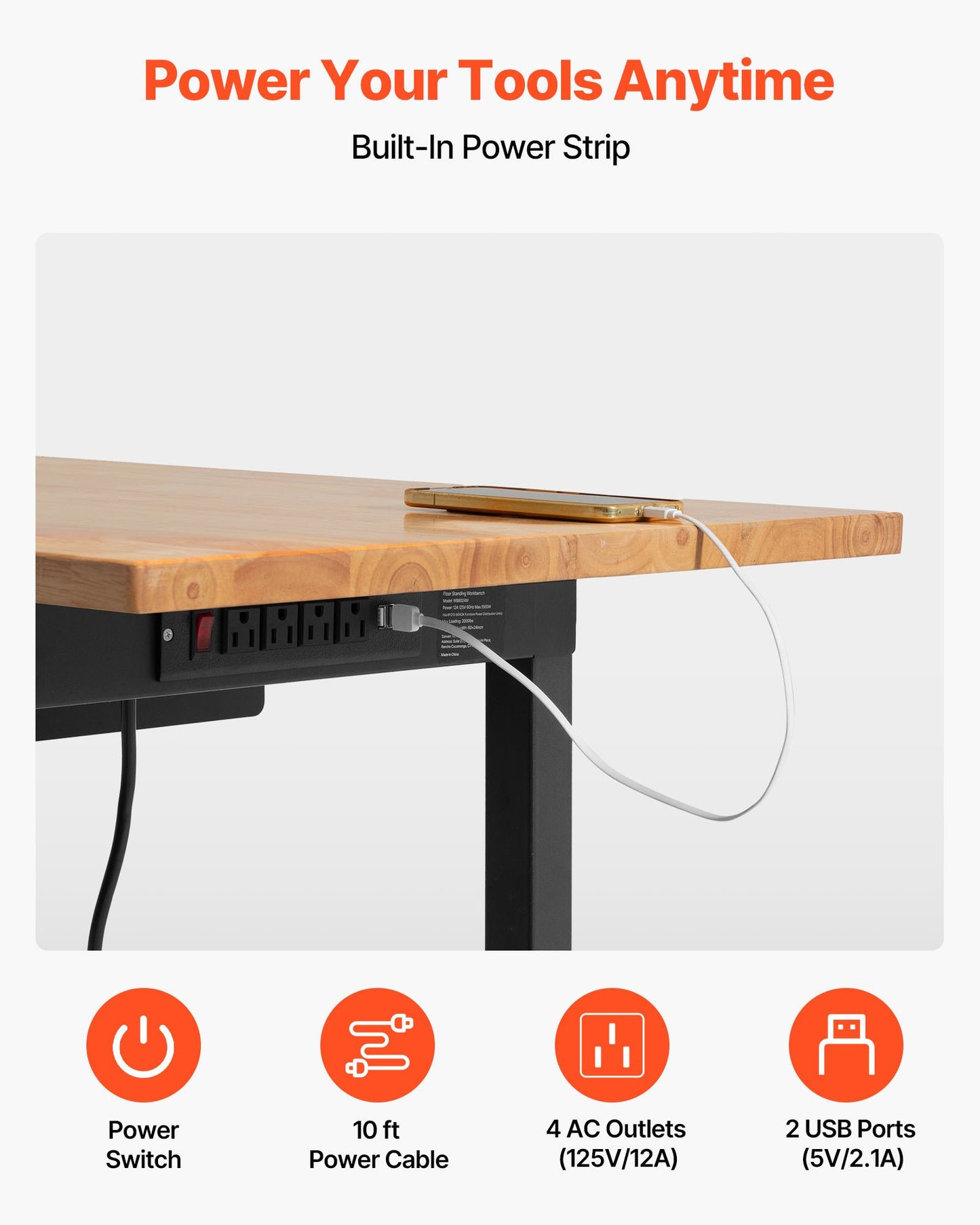 Adjustable Workbench on Wheels, 2000 lbs Capacity, 60 x 24 Inch Oak Wood Top Workbench with Drawer & Power Outlets, Heavy-Duty Hardwood Worktable for Garage, Workshop, Home, Office, Commercial