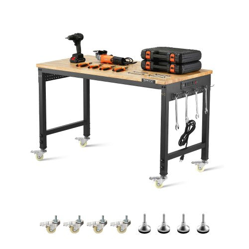 48-Inch Adjustable Workbench, 2000 lbs Load, Work Bench with Power Outlet, Wheels, and Pegboard, Heavy Duty Oak Wood Top Work Table for Garage, Workshop, Office, and Home