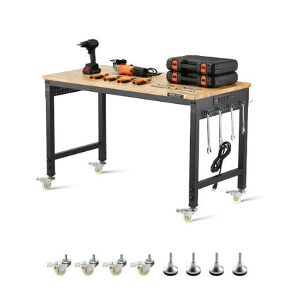 48-Inch Adjustable Workbench, 2000 lbs Load, Work Bench with Power Outlet, Wheels, and Pegboard, Heavy Duty Oak Wood Top Work Table for Garage, Workshop, Office, and Home
