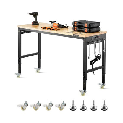 60-Inch Adjustable Workbench, 2000 lbs Load, Work Bench with Power Outlet, Wheels, and Pegboard, Heavy Duty Oak Wood Top Work Table for Garage, Workshop, Office, and Home