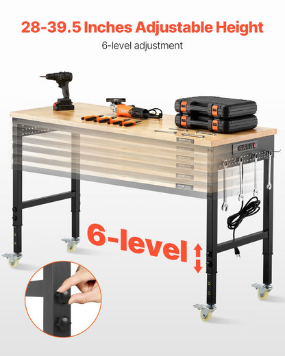 60-Inch Adjustable Workbench, 2000 lbs Load, Work Bench with Power Outlet, Wheels, and Pegboard, Heavy Duty Oak Wood Top Work Table for Garage, Workshop, Office, and Home