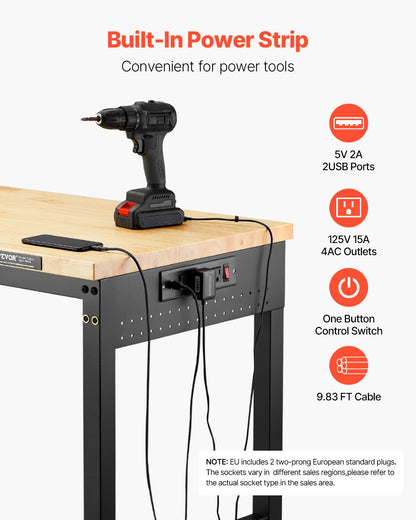 60-Inch Adjustable Workbench, 2000 lbs Load, Work Bench with Power Outlet, Wheels, and Pegboard, Heavy Duty Oak Wood Top Work Table for Garage, Workshop, Office, and Home