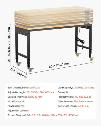 60-Inch Adjustable Workbench, 2000 lbs Load, Work Bench with Power Outlet, Wheels, and Pegboard, Heavy Duty Oak Wood Top Work Table for Garage, Workshop, Office, and Home