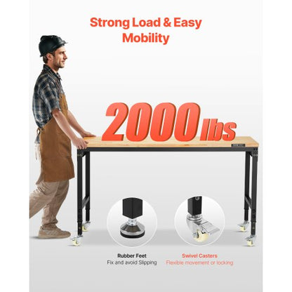 60" workbench on wheels, adjustable height table with electrical outlet and socket plate