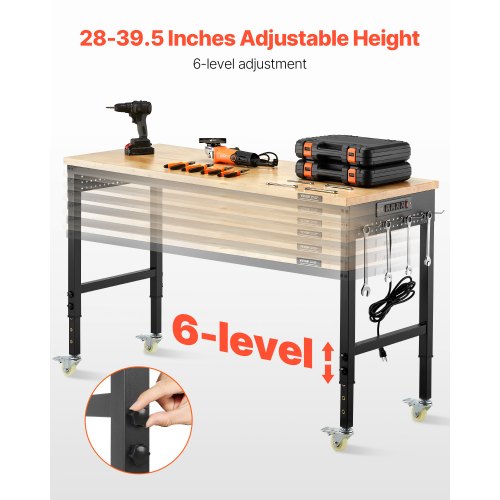 60" workbench on wheels, adjustable height table with electrical outlet and socket plate