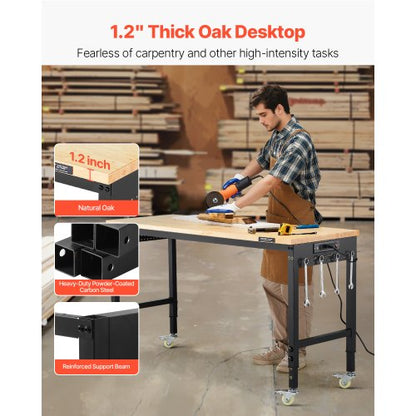 60" workbench on wheels, adjustable height table with electrical outlet and socket plate