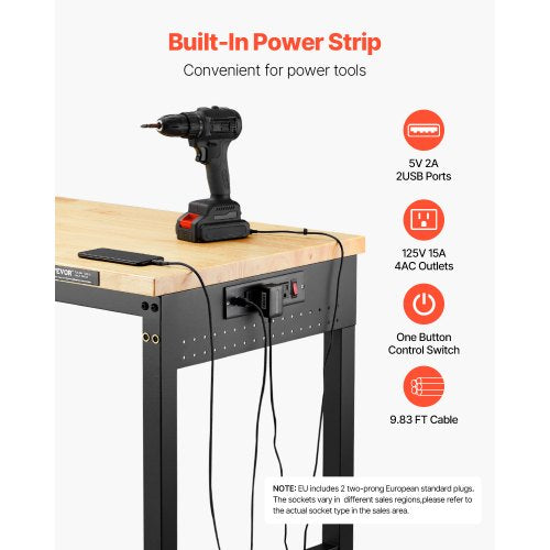 60" workbench on wheels, adjustable height table with electrical outlet and socket plate