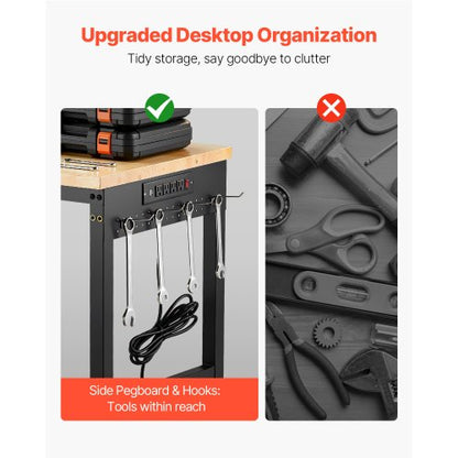 60" workbench on wheels, adjustable height table with electrical outlet and socket plate