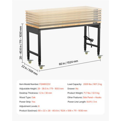 60" workbench on wheels, adjustable height table with electrical outlet and socket plate