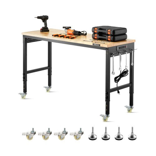 60" workbench on wheels, adjustable height table with electrical outlet and socket plate