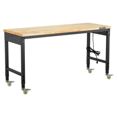 60" workbench on wheels, adjustable height table with electrical outlet and socket plate