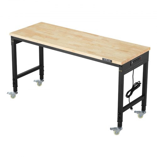 60" workbench on wheels, adjustable height table with electrical outlet and socket plate