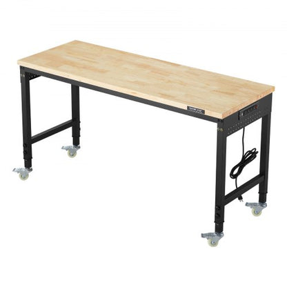 60" workbench on wheels, adjustable height table with electrical outlet and socket plate