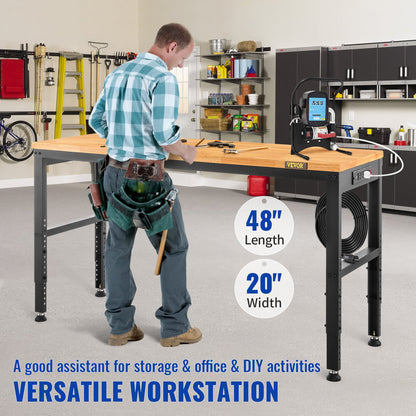 Adjustable Height Workbench 48"L x 20"W Workbench Table with Power Outlet