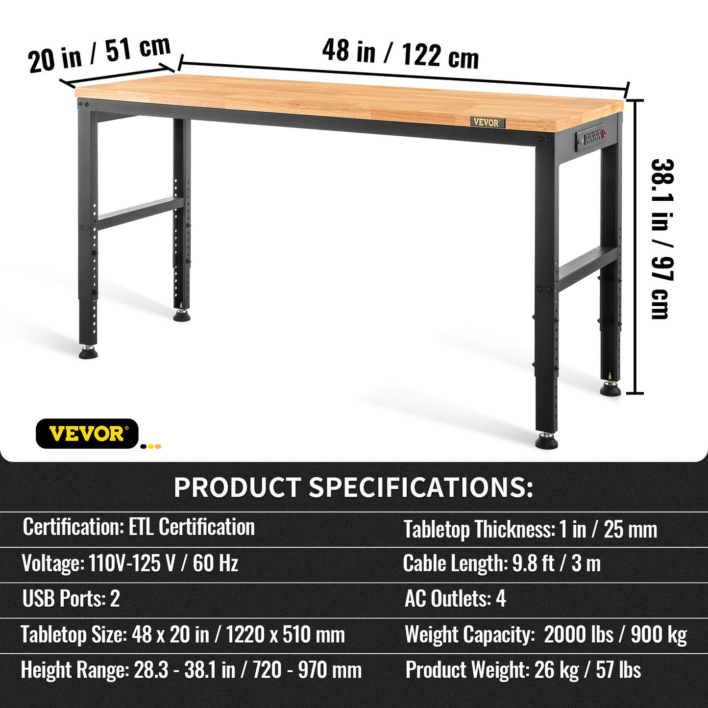 Adjustable Height Workbench 48"L x 20"W Workbench Table with Power Outlet