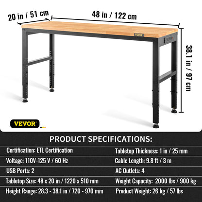 Adjustable Height Workbench 48"L x 20"W Workbench Table with Power Outlet