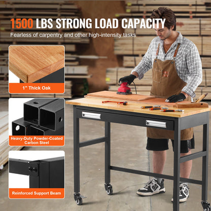 48" Workbench on Wheels Wooden Workbench with Drawer Organizer 1500 lbs