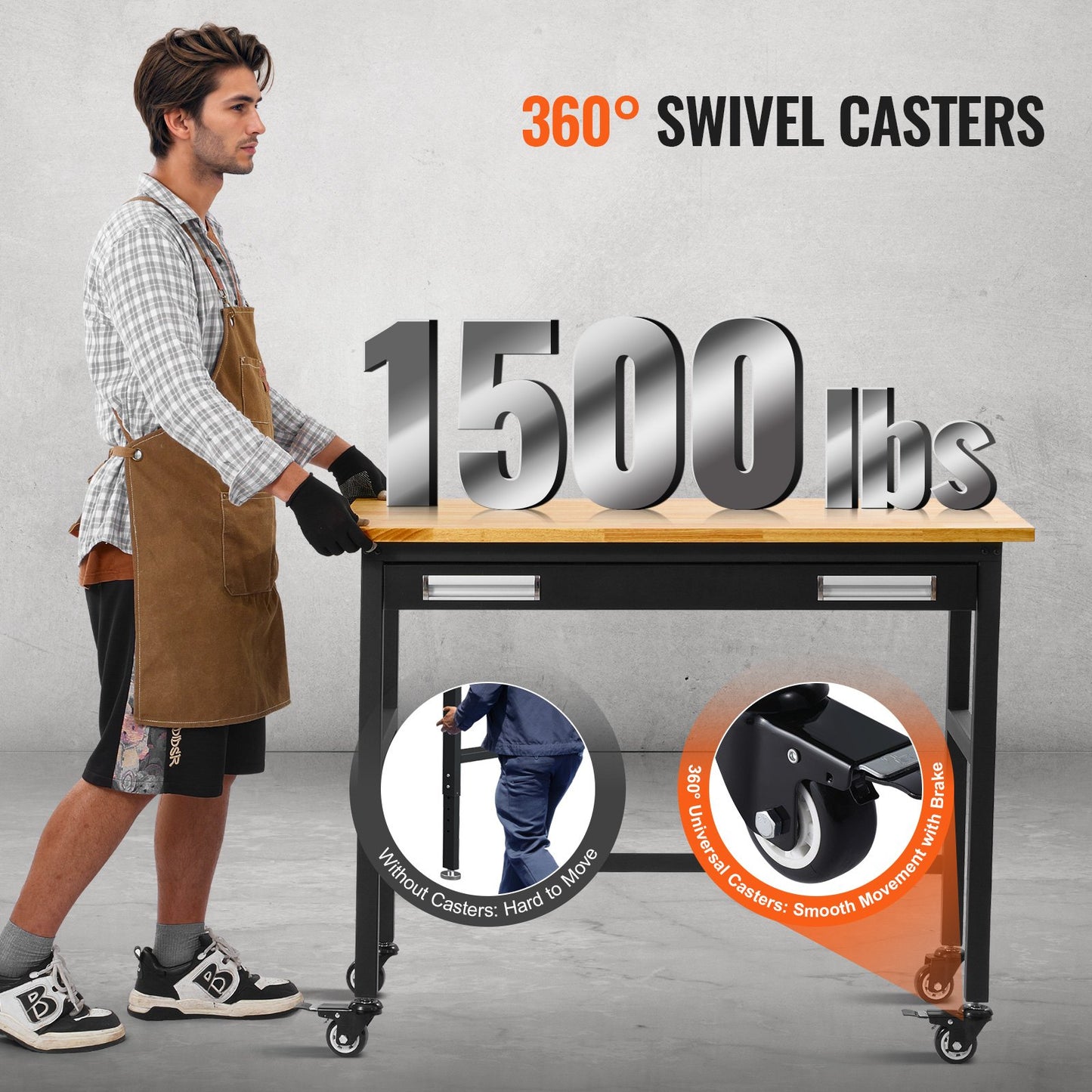 48" Workbench on Wheels Wooden Workbench with Drawer Organizer 1500 lbs