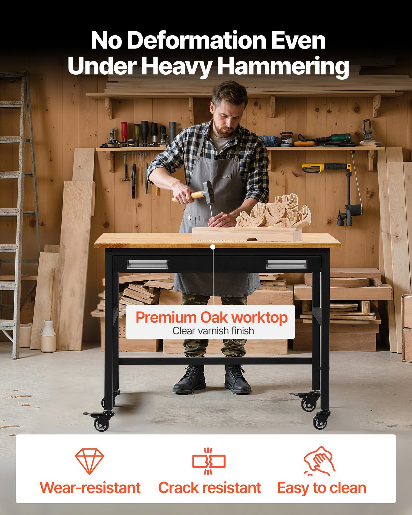 48-inch Workbench, 1500 lbs Load Capacity, Garage Workbench with Drawer Storage & Wheels, Workshop Bench on Wheels, Heavy Duty Oak Wood Top Work Table for Garage, Workshop, Office, and Home
