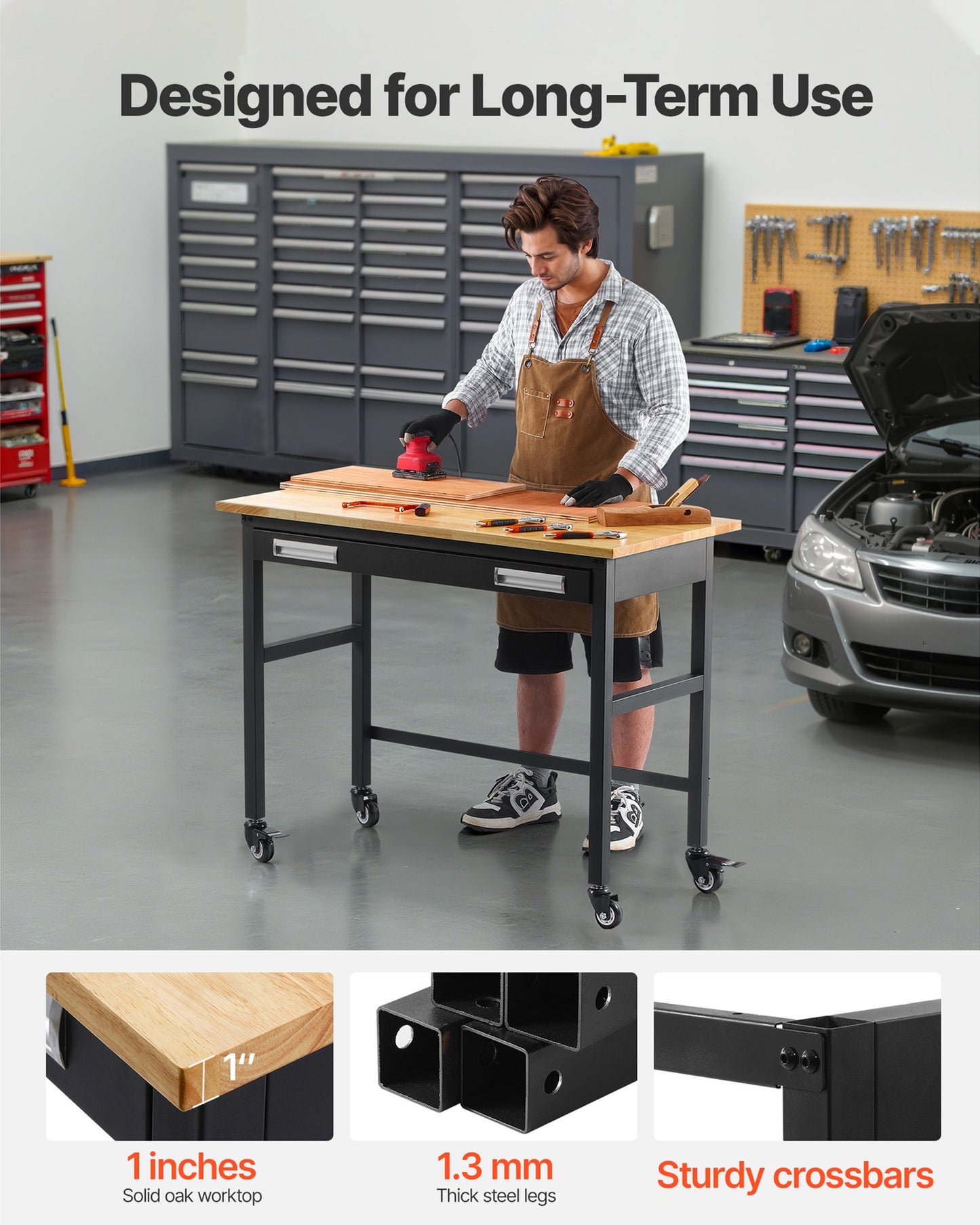 48-inch Workbench, 1500 lbs Load Capacity, Garage Workbench with Drawer Storage & Wheels, Workshop Bench on Wheels, Heavy Duty Oak Wood Top Work Table for Garage, Workshop, Office, and Home
