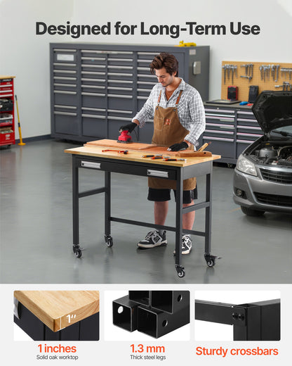 48-inch Workbench, 1500 lbs Load Capacity, Garage Workbench with Drawer Storage & Wheels, Workshop Bench on Wheels, Heavy Duty Oak Wood Top Work Table for Garage, Workshop, Office, and Home