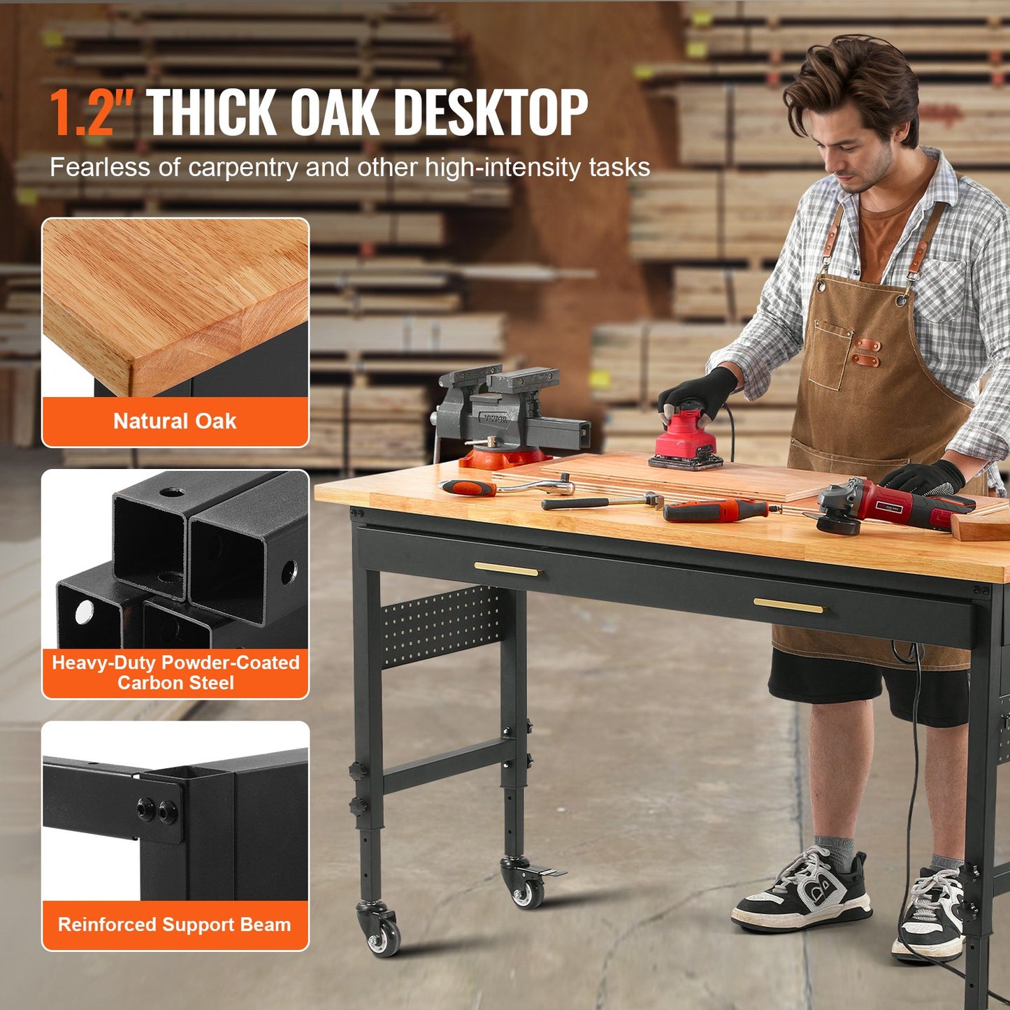 60" workbench on wheels Adjustable height table with power outlet and drawer