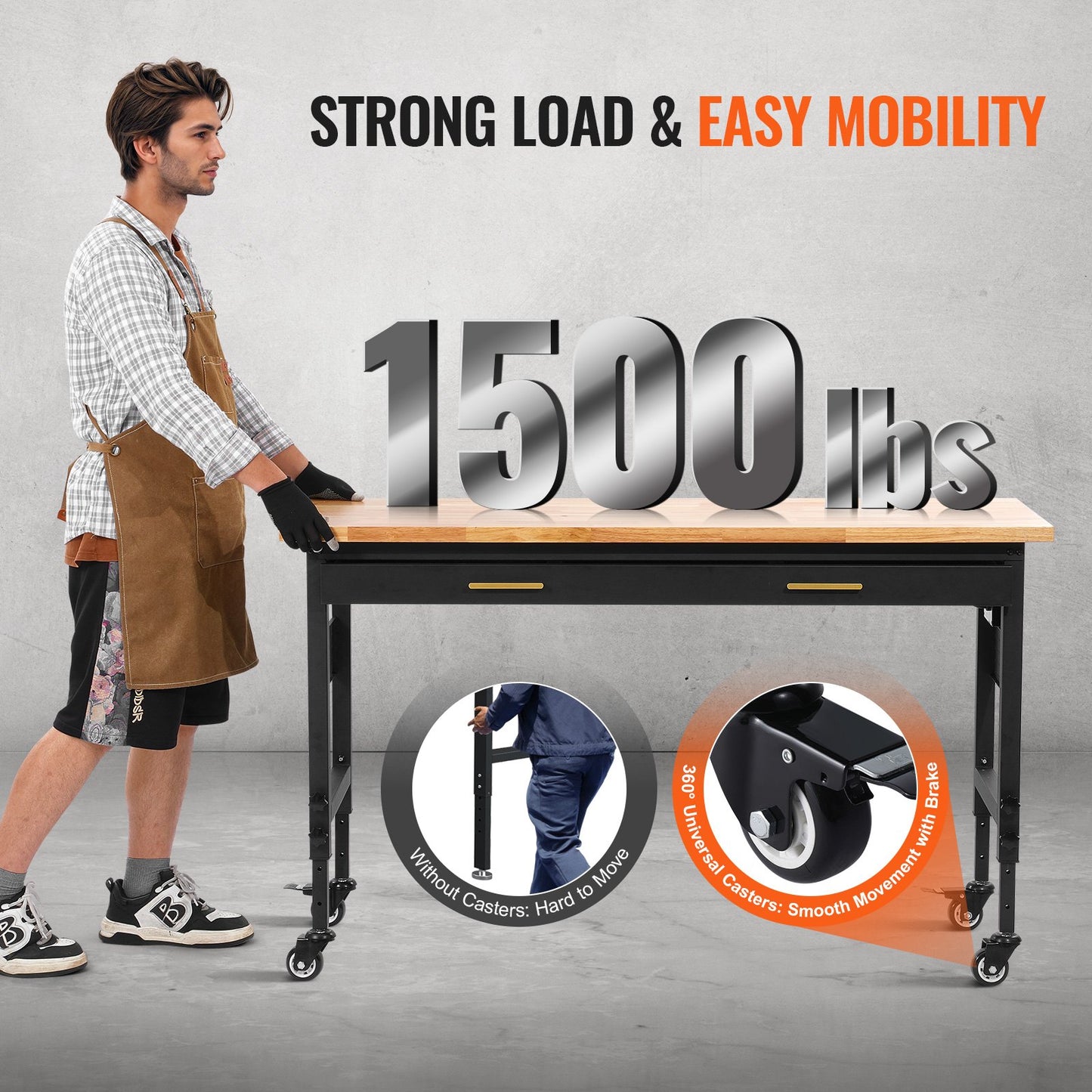 60" workbench on wheels Adjustable height table with power outlet and drawer