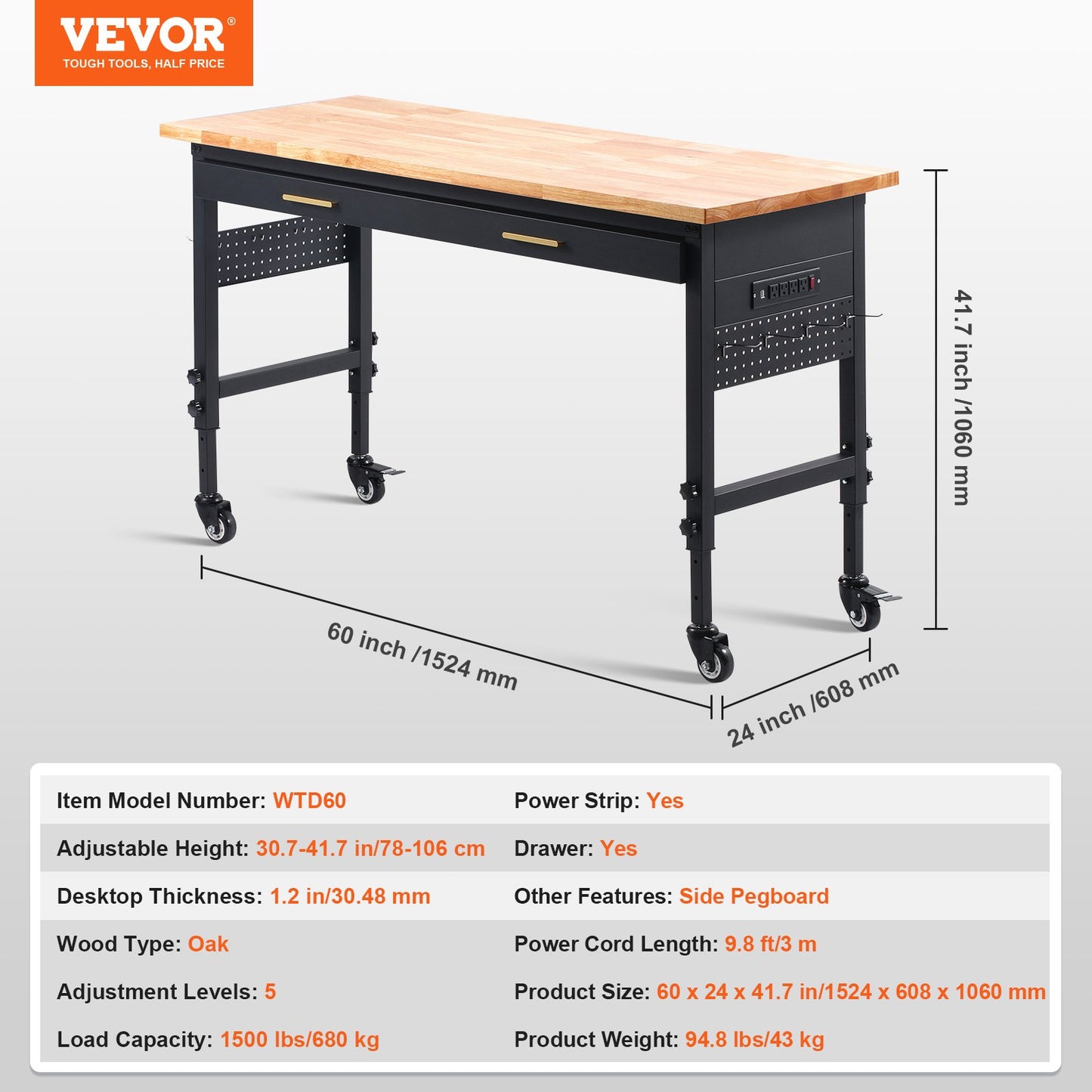 60" workbench on wheels Adjustable height table with power outlet and drawer