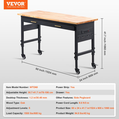 60" workbench on wheels Adjustable height table with power outlet and drawer