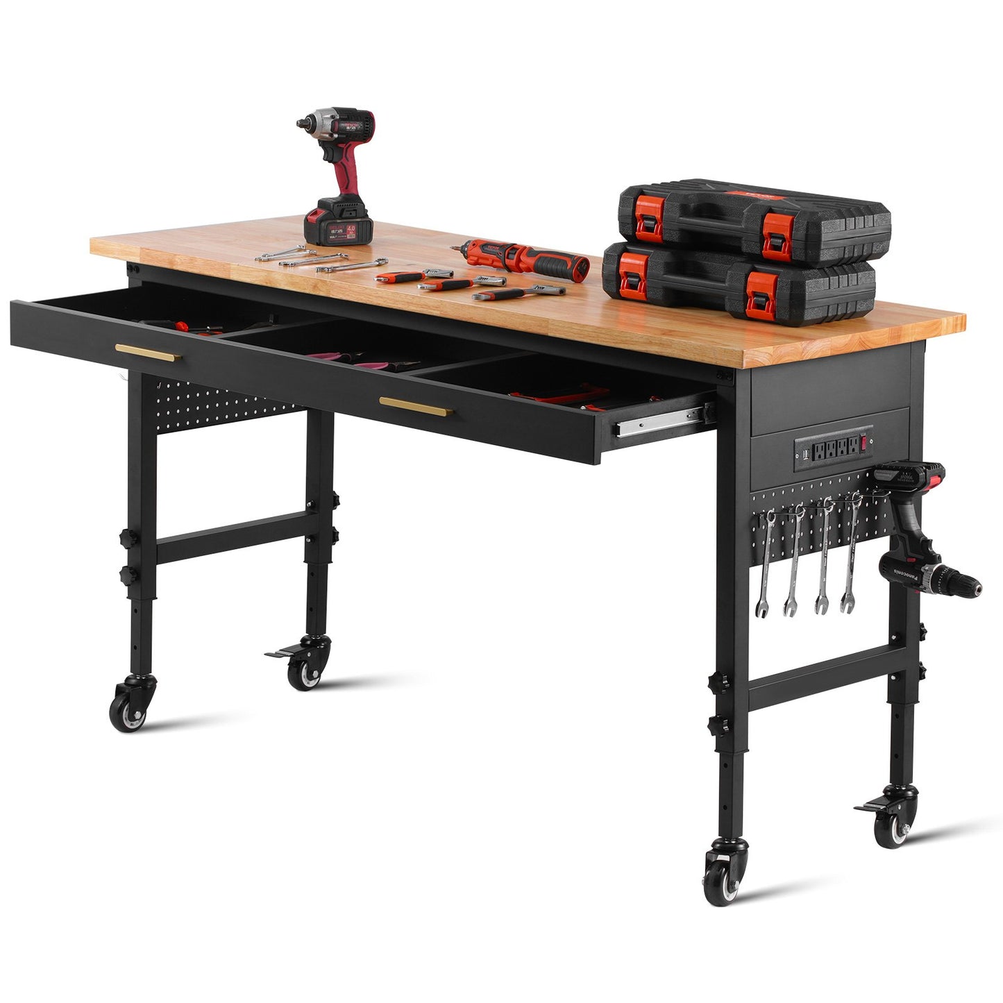 60" workbench on wheels Adjustable height table with power outlet and drawer