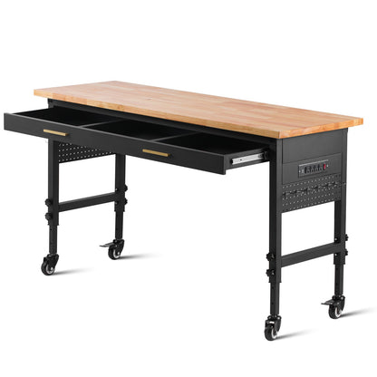 60" workbench on wheels Adjustable height table with power outlet and drawer