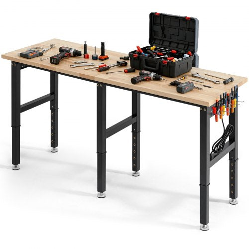 Adjustable Workbench, 5000 lbs Capacity, 72 x 24 Inch Oak Wood Top Workstation with 4 AC Outlets & 2 USB Ports, Heavy-Duty Hardwood Worktable for Garage, Workshop, Home, Office, Commercial