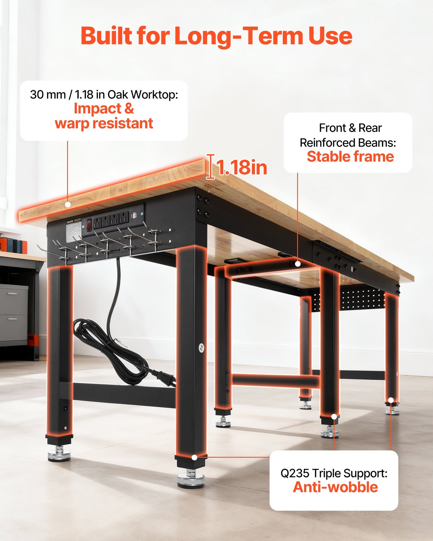 Adjustable Workbench, 5000 lbs Capacity, 72 x 24 Inch Oak Wood Top Workstation with 4 AC Outlets & 2 USB Ports, Heavy-Duty Hardwood Worktable for Garage, Workshop, Home, Office, Commercial