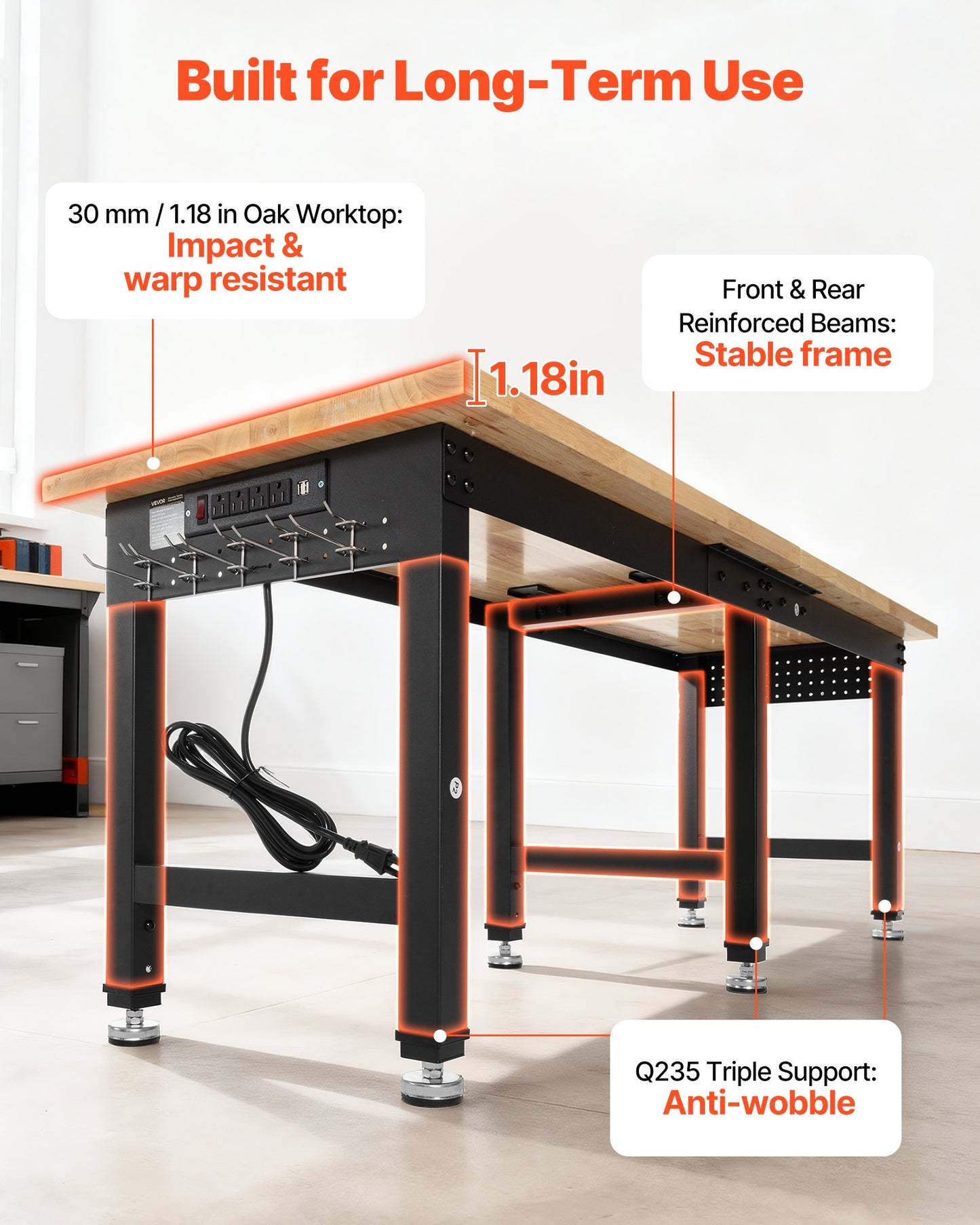 Adjustable Workbench, 5000 lbs Capacity, 96 x 24 Inch Oak Wood Top Workstation with 4 AC Outlets & 2 USB Ports, Heavy-Duty Hardwood Worktable for Garage, Workshop, Home, Office, Commercial
