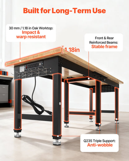 Adjustable Workbench, 5000 lbs Capacity, 96 x 24 Inch Oak Wood Top Workstation with 4 AC Outlets & 2 USB Ports, Heavy-Duty Hardwood Worktable for Garage, Workshop, Home, Office, Commercial