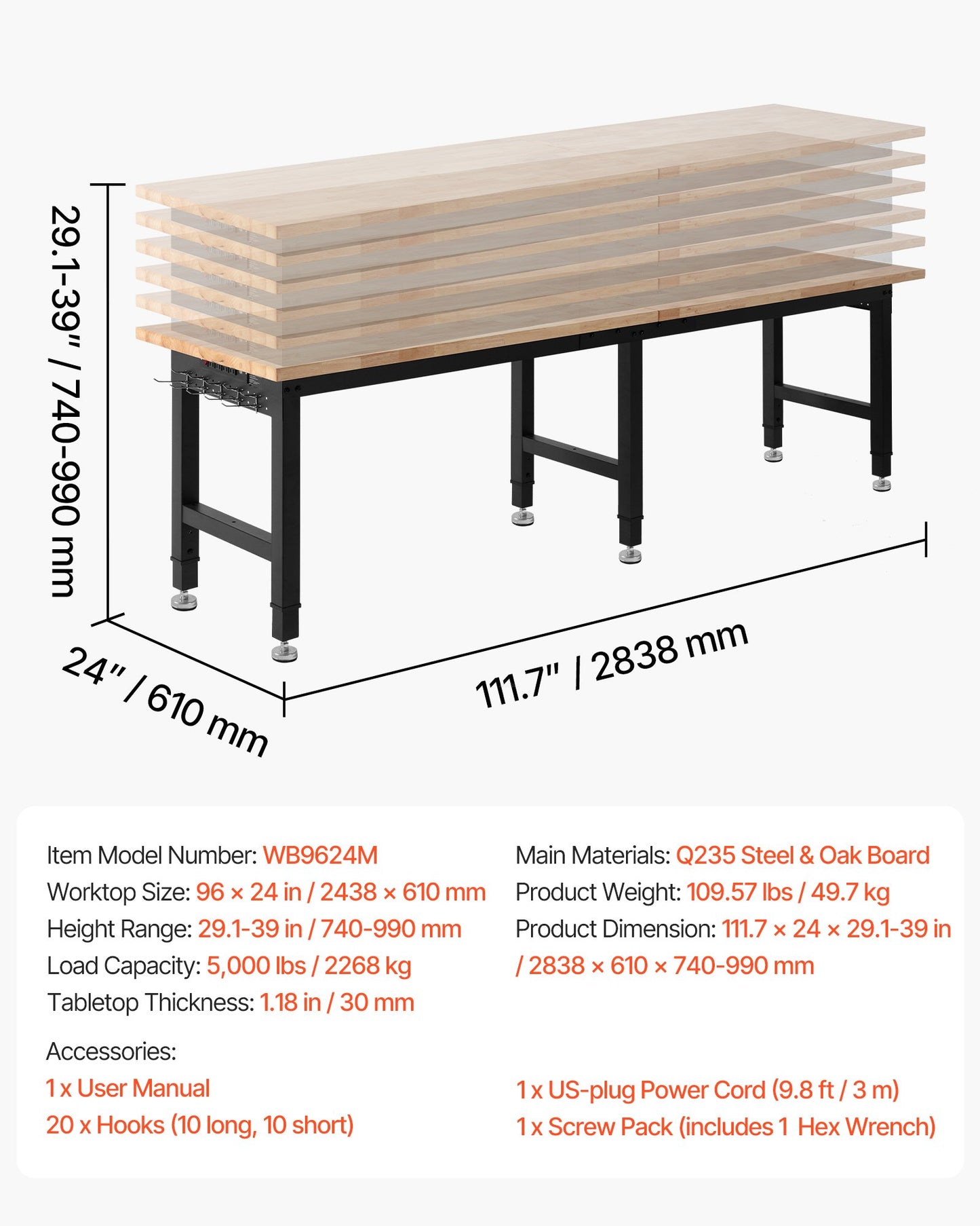 Adjustable Workbench, 5000 lbs Capacity, 96 x 24 Inch Oak Wood Top Workstation with 4 AC Outlets & 2 USB Ports, Heavy-Duty Hardwood Worktable for Garage, Workshop, Home, Office, Commercial
