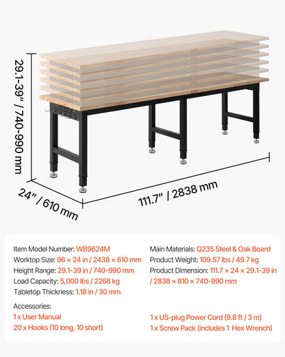 Adjustable Workbench, 5000 lbs Capacity, 96 x 24 Inch Oak Wood Top Workstation with 4 AC Outlets & 2 USB Ports, Heavy-Duty Hardwood Worktable for Garage, Workshop, Home, Office, Commercial