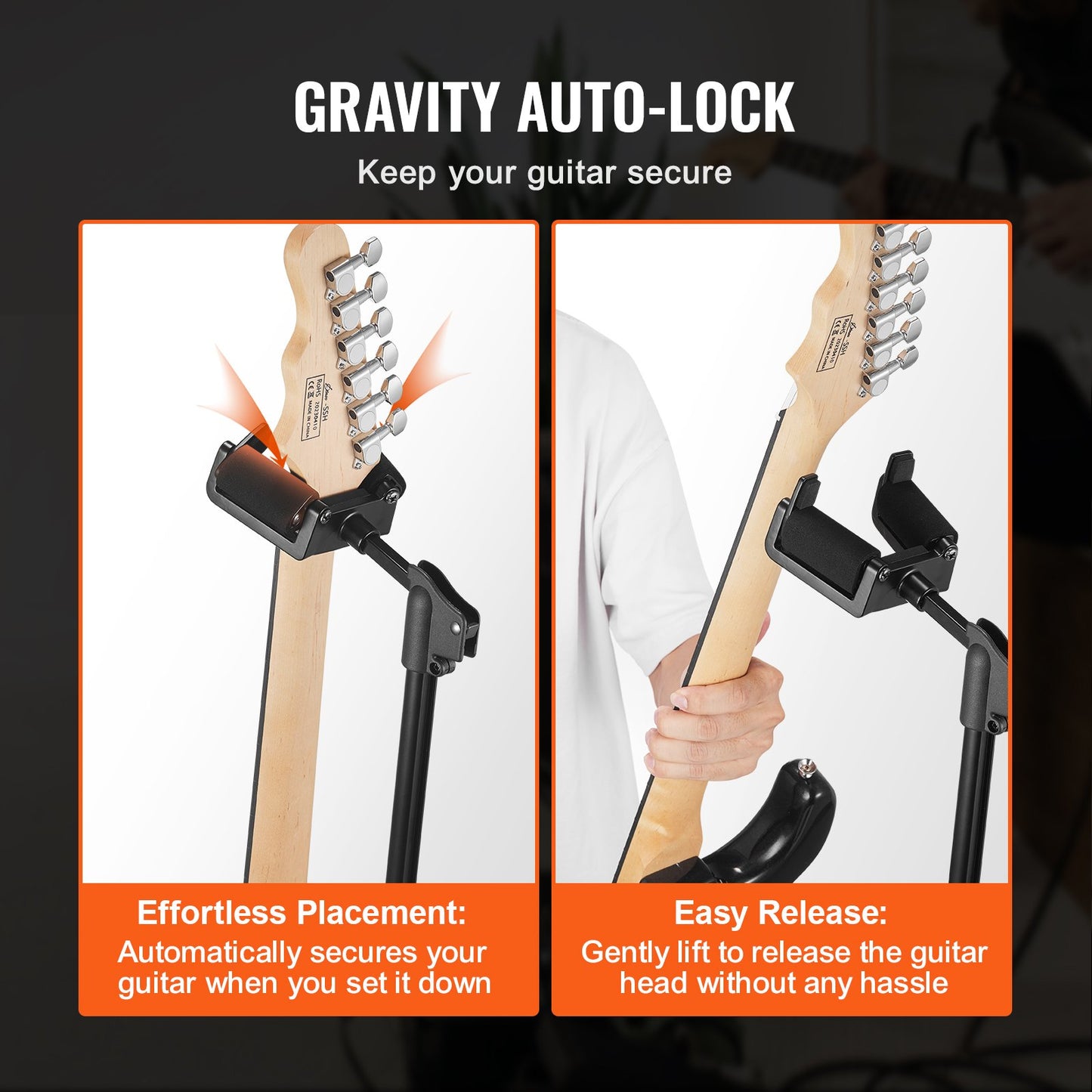 Tripod Guitar Stand, 33 lbs/15 kg Load Capacity, Floor-Standing Foldable Guitar Stand Display Rack with 35.4-47.2 in/900-1200 mm Adjustable Height, for Guitar Acoustic Electric Classical Bass