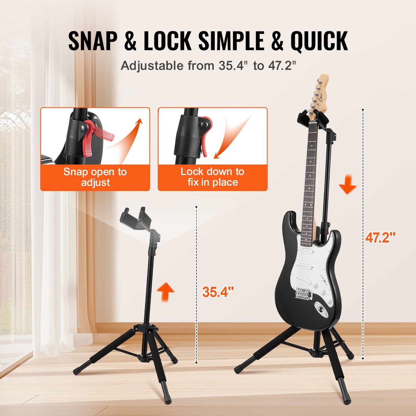 Tripod Guitar Stand, 33 lbs/15 kg Load Capacity, Floor-Standing Foldable Guitar Stand Display Rack with 35.4-47.2 in/900-1200 mm Adjustable Height, for Guitar Acoustic Electric Classical Bass