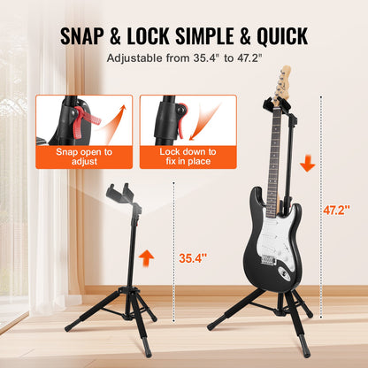 Tripod Guitar Stand, 33 lbs/15 kg Load Capacity, Floor-Standing Foldable Guitar Stand Display Rack with 35.4-47.2 in/900-1200 mm Adjustable Height, for Guitar Acoustic Electric Classical Bass
