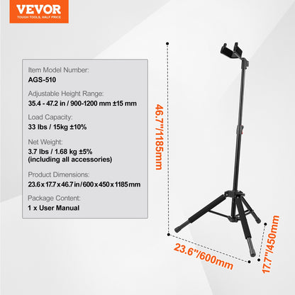 Tripod Guitar Stand, 33 lbs/15 kg Load Capacity, Floor-Standing Foldable Guitar Stand Display Rack with 35.4-47.2 in/900-1200 mm Adjustable Height, for Guitar Acoustic Electric Classical Bass