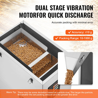 Partikelfüllmaschine, 0,022-2,2 lbs/10-1000 g, Automatische Abfüllmaschine mit Fußpedal, Edelstahl-Wiegefüllmaschine, Wiegefüller für Bohnen, Samen, Tee, Granulatverpackung