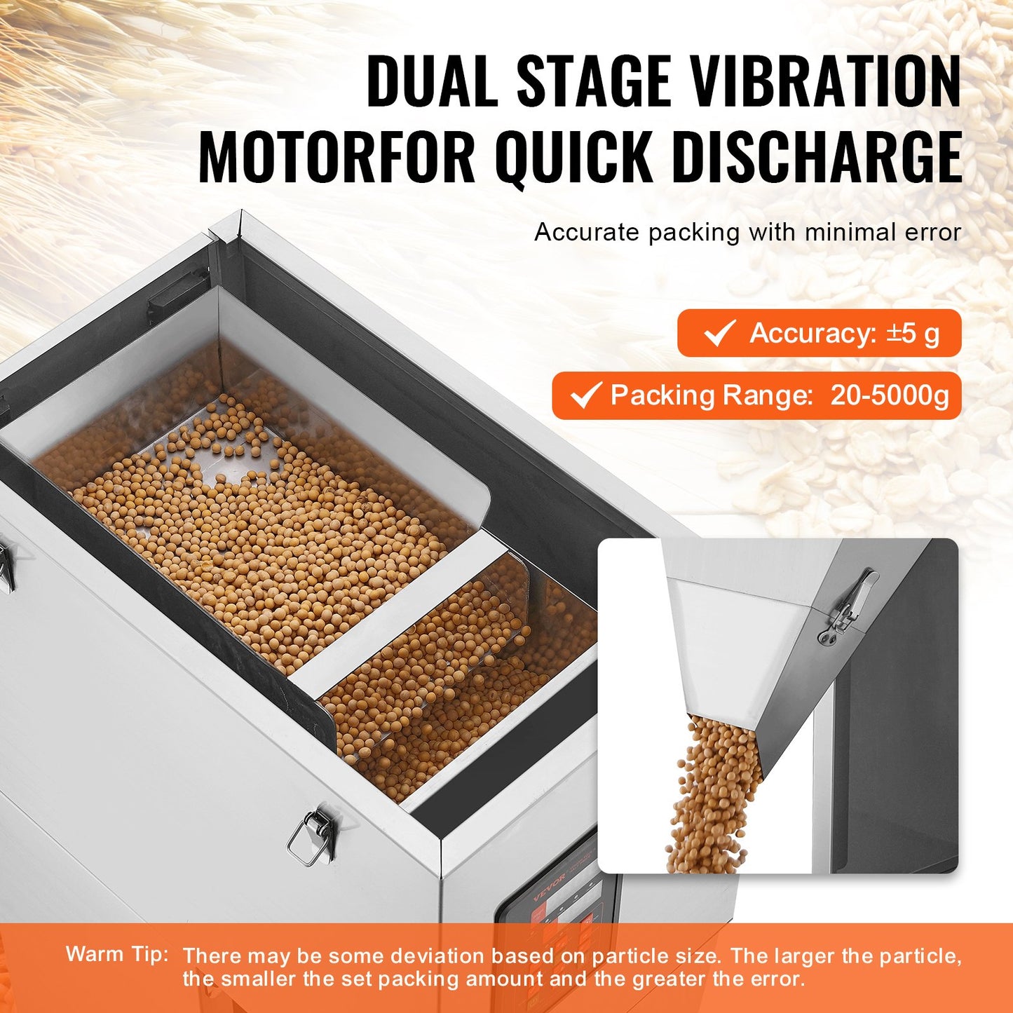 Partikelfyllningsmaskin, 0,044-11 lbs/20-5000 g, automatisk fyllningsmaskin med fotpedal, rostfritt stål vägningsfyllningsmaskin, vägningsfyllmedel för bönor, frön, te, granulär förpackning