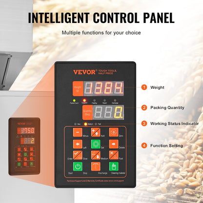 Partikelfyllningsmaskin, 0,044-11 lbs/20-5000 g, automatisk fyllningsmaskin med fotpedal, rostfritt stål vägningsfyllningsmaskin, vägningsfyllmedel för bönor, frön, te, granulär förpackning