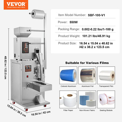 Automatic Particle Packing Machine, 0.002-0.22lbs/1-100g, Multi-function Pouch Powder Bag Weighing Filling Packing Machine, Powder Filling Machine for Tea Seeds Grain Flour Beans Glitter
