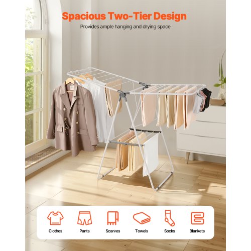 Foldable two-tier drying rack with sock clips and 21 drying rods white