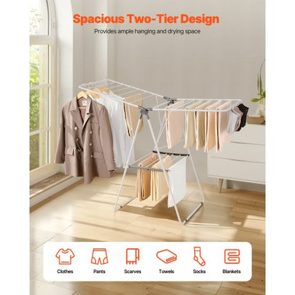 Foldable two-tier drying rack with sock clips and 21 drying rods white