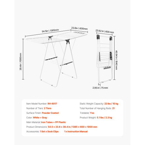 Foldable two-tier drying rack with sock clips and 21 drying rods white